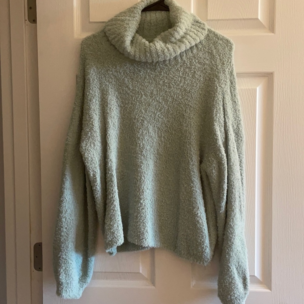 Light blue fuzzy turtle neck sweater, size L